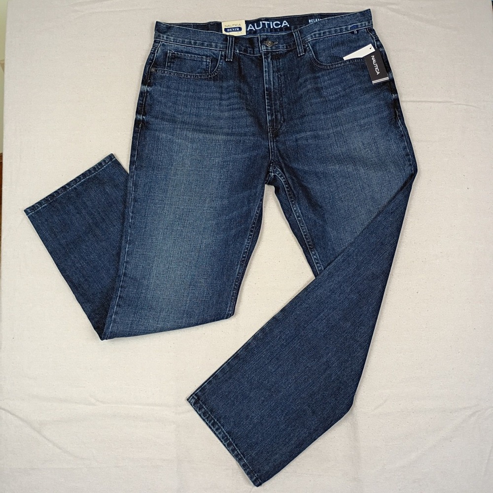 Nautica Mens Relaxed Fit Jeans 36x30 Smoky Indigo Dark Wash Straight Leg NWT